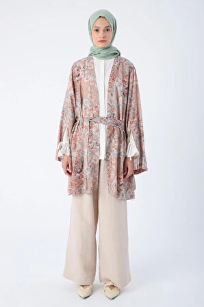 Bej-Kahve-Oversize Kol Yırtmaç Detaylı Kuşaklı Desenli Kimono