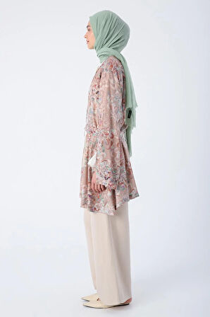 Bej-Kahve-Oversize Kol Yırtmaç Detaylı Kuşaklı Desenli Kimono