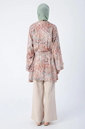 Bej-Kahve-Oversize Kol Yırtmaç Detaylı Kuşaklı Desenli Kimono