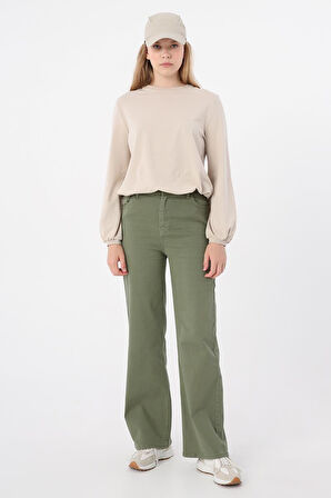 Haki-Pamuklu Wide Leg Likralı Pantolon
