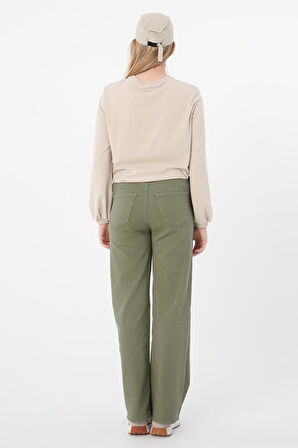 Haki-Pamuklu Wide Leg Likralı Pantolon