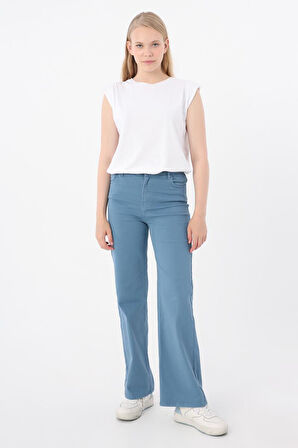 Mavi-Pamuklu Wide Leg Likralı Pantolon