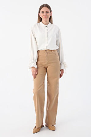 Sütlü Kahve-Pamuklu Wide Leg Likralı Pantolon