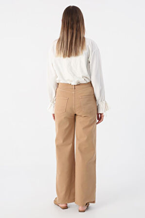 Sütlü Kahve-Pamuklu Wide Leg Likralı Pantolon