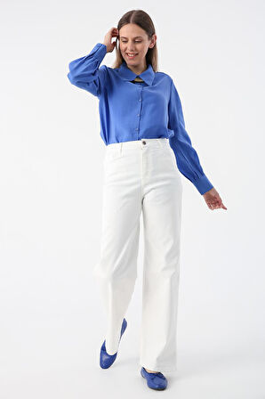 Beyaz-Pamuklu Wide Leg Likralı Pantolon