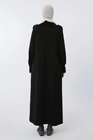 Siyah-Pamuklu Kolları Düğmeli Apoletli Elbise