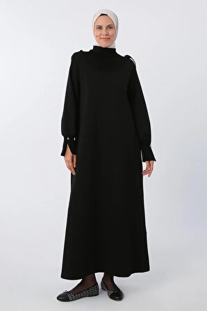 Siyah-Pamuklu Kolları Düğmeli Apoletli Elbise