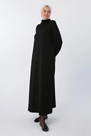 Siyah-Pamuklu Kolları Düğmeli Apoletli Elbise