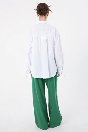 Beyaz-%100 Pamuk Kolları Bağlama Detaylı Gömlek