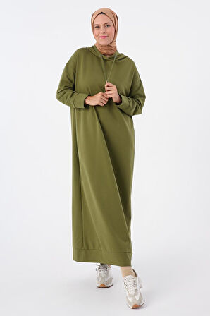 Haki-Kapüşonlu Örme Elbise