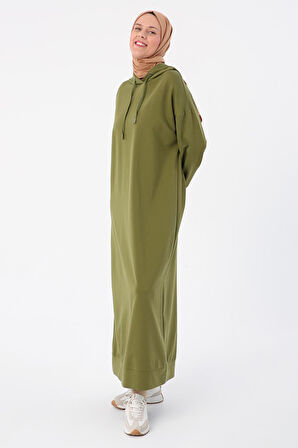 Haki-Kapüşonlu Örme Elbise