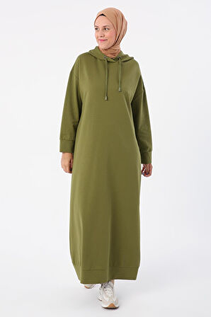 Haki-Kapüşonlu Örme Elbise