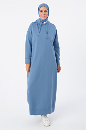 Mavi-Kapüşonlu Örme Elbise