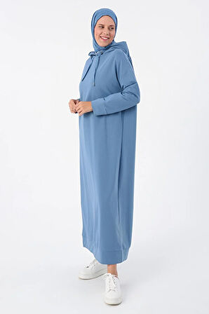 Mavi-Kapüşonlu Örme Elbise