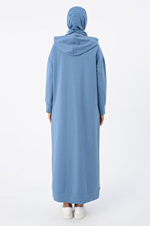 Mavi-Kapüşonlu Örme Elbise
