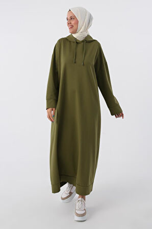 Haki-Büyük Beden Kapüşonlu Basic Örme Elbise