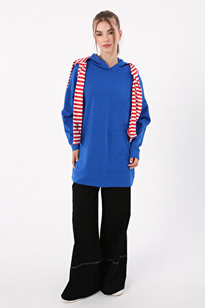 Saks-Kapüşonlu Sweat Tunik