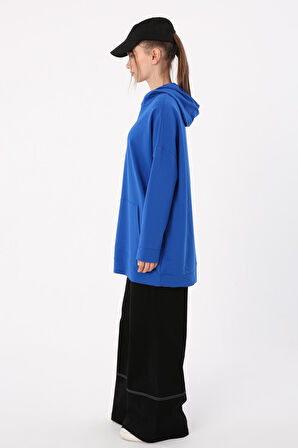 Saks-Kapüşonlu Sweat Tunik