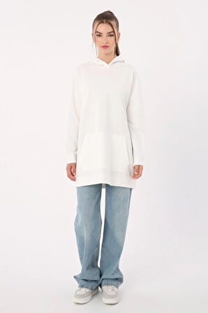Beyaz-Kapüşonlu Sweat Tunik