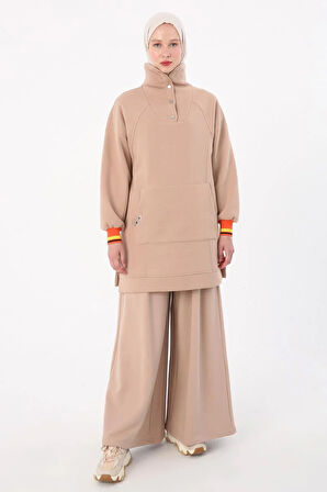 Bej-Çıtçıt Yakalı Ribana Detaylı Şardonlu Sweat Tunik