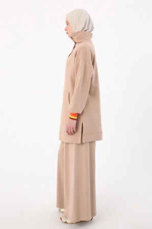 Bej-Çıtçıt Yakalı Ribana Detaylı Şardonlu Sweat Tunik