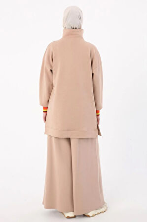 Bej-Çıtçıt Yakalı Ribana Detaylı Şardonlu Sweat Tunik