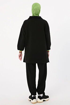 Siyah-Çıtçıt Yakalı Ribana Detaylı Şardonlu Sweat Tunik