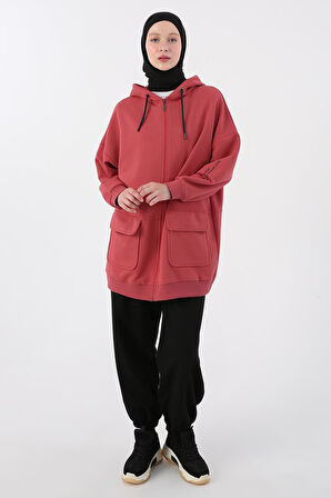 Gül-Cepli Kapüşonlu Oversize Sweat Hırka