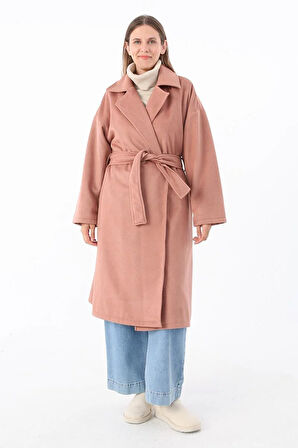 Gül-Kruvaze Yaka Kuşaklı Kaşe Kaban