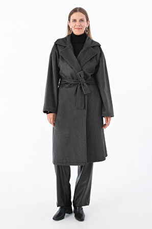 Siyah-Kruvaze Yaka Kuşaklı Kaşe Kaban