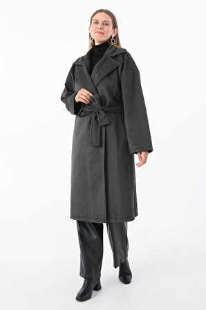 Siyah-Kruvaze Yaka Kuşaklı Kaşe Kaban