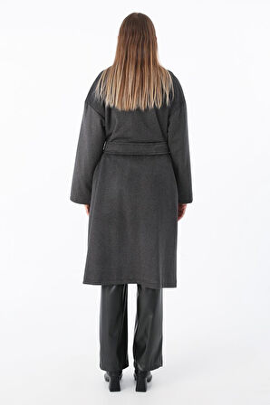 Siyah-Kruvaze Yaka Kuşaklı Kaşe Kaban