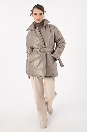 Vizon-Kalpli Kemer Aksesuarlı Şişme Mont