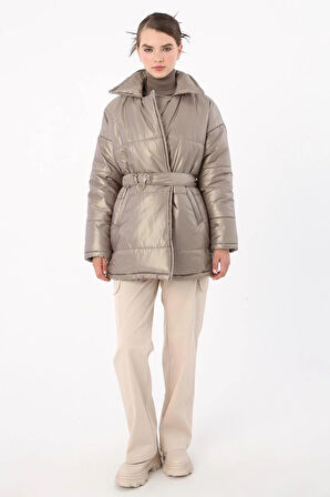 Vizon-Kalpli Kemer Aksesuarlı Şişme Mont