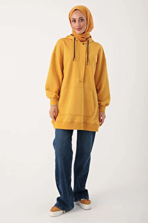 Hardal-Oversize Kapüşonlu Kanguru Cepli Sweat Tunik