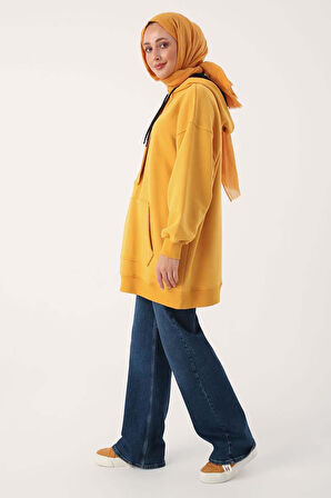 Hardal-Oversize Kapüşonlu Kanguru Cepli Sweat Tunik