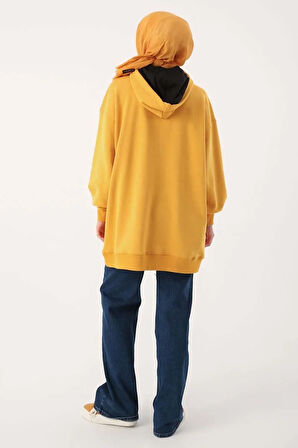 Hardal-Oversize Kapüşonlu Kanguru Cepli Sweat Tunik
