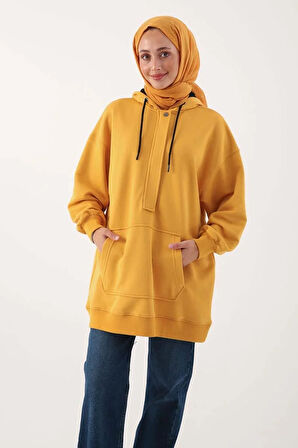 Hardal-Oversize Kapüşonlu Kanguru Cepli Sweat Tunik