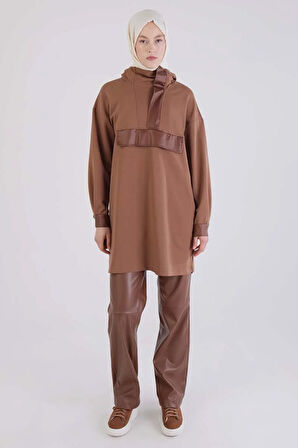 Kahve-Deri Garnili Kapüşonlu Sweat Tunik
