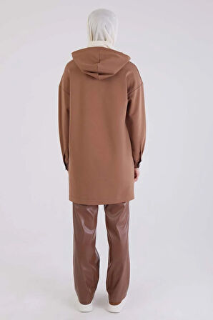 Kahve-Deri Garnili Kapüşonlu Sweat Tunik