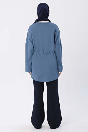 Mavi-Belden Büzgülü Cepli Ceket