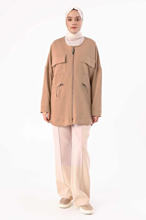 Koyu Bej-Belden Büzgülü Cepli Ceket