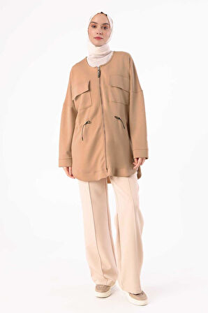Koyu Bej-Belden Büzgülü Cepli Ceket