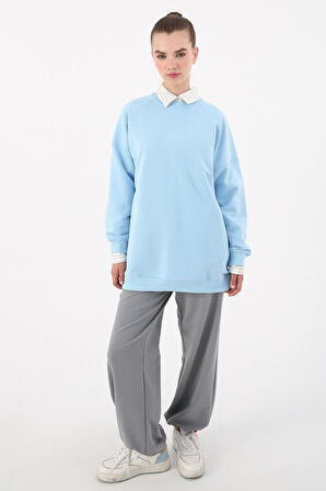 Açık Mavi-3 İplik Oversize Basic Sweatshirt