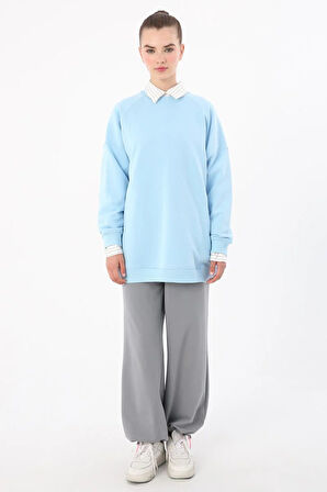 Açık Mavi-3 İplik Oversize Basic Sweatshirt