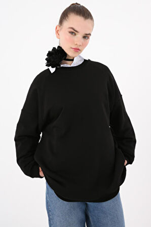 Siyah-3 İplik Oversize Basic Sweatshirt