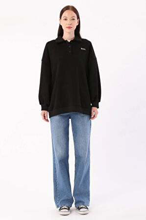 Siyah-Polo Yaka Oversize Sweatshirt