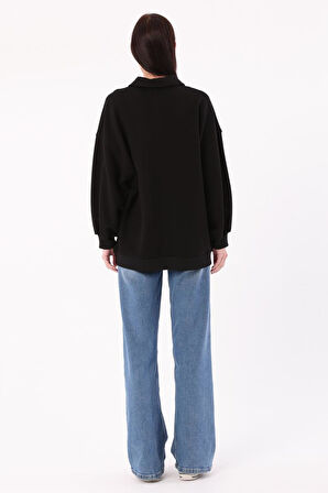 Siyah-Polo Yaka Oversize Sweatshirt