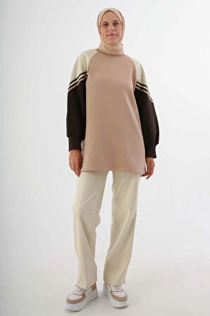 Bej-Şardonlu Deri Garnili Şeritli Sweatshirt