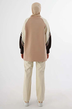 Bej-Şardonlu Deri Garnili Şeritli Sweatshirt